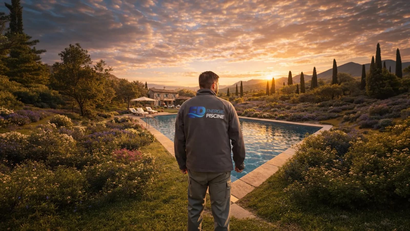 Installateur Energie Piscine devant une piscine en Provence